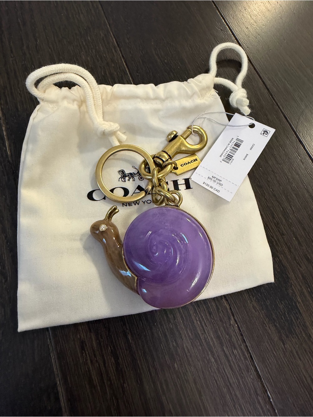 Coach Purple Snail Key & Card Holder Charm with Gold Hardware